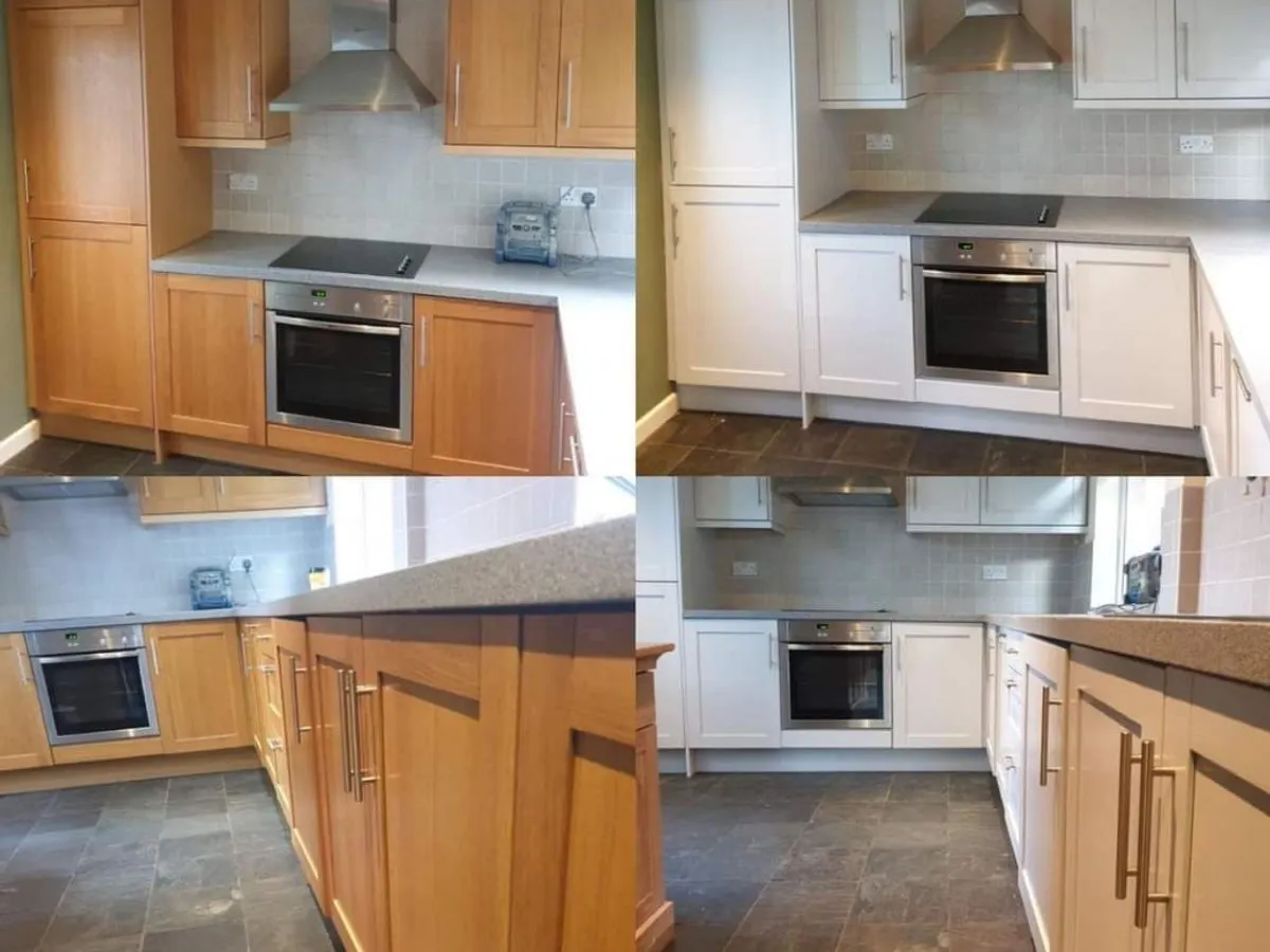 Before and after collage showing oak kitchen cabinets transformed to white with grey accents