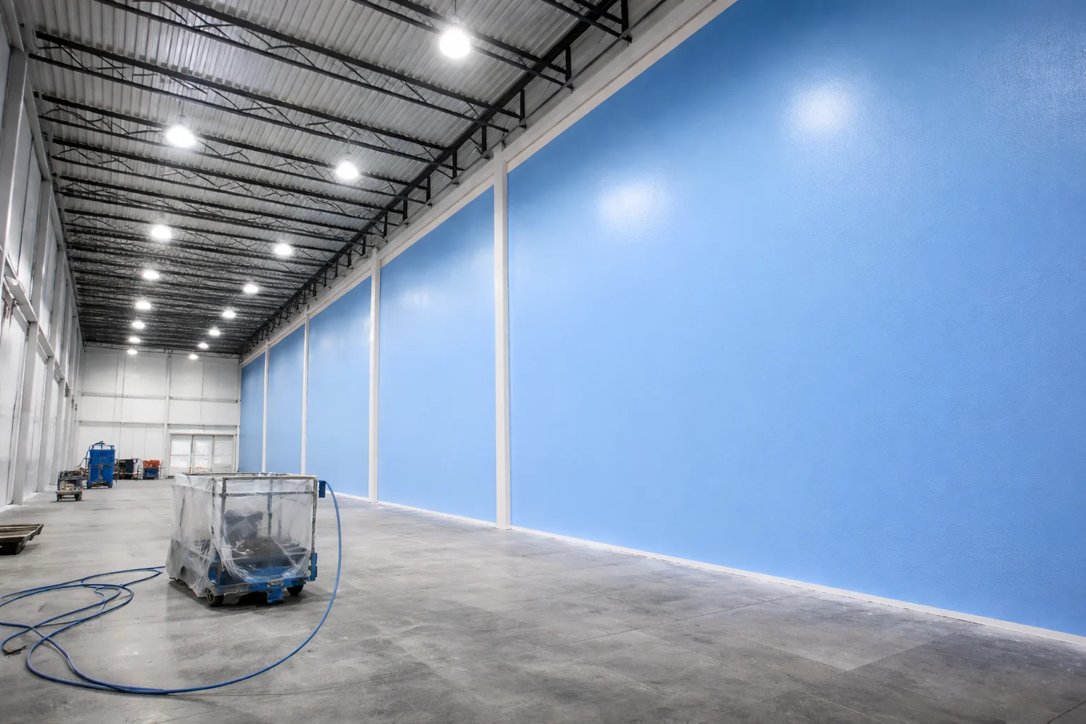 Warehouse interior after painting — freshly painted white walls and clean professional finish
