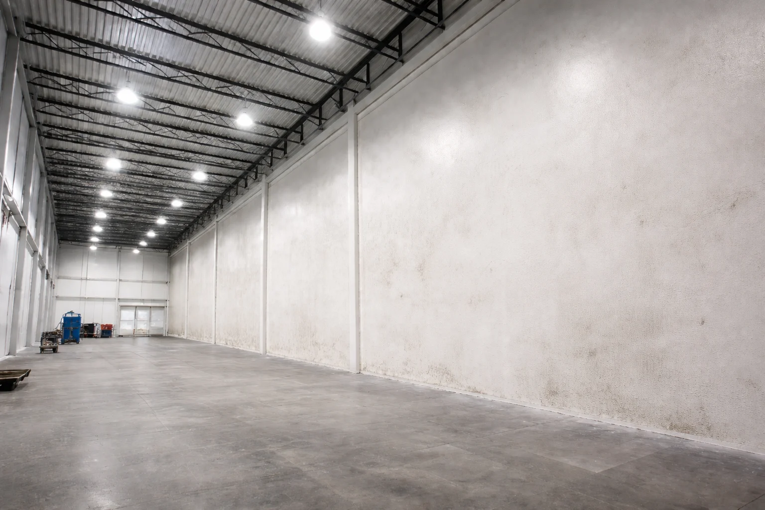 Warehouse interior before painting — bare unpainted walls and exposed industrial space