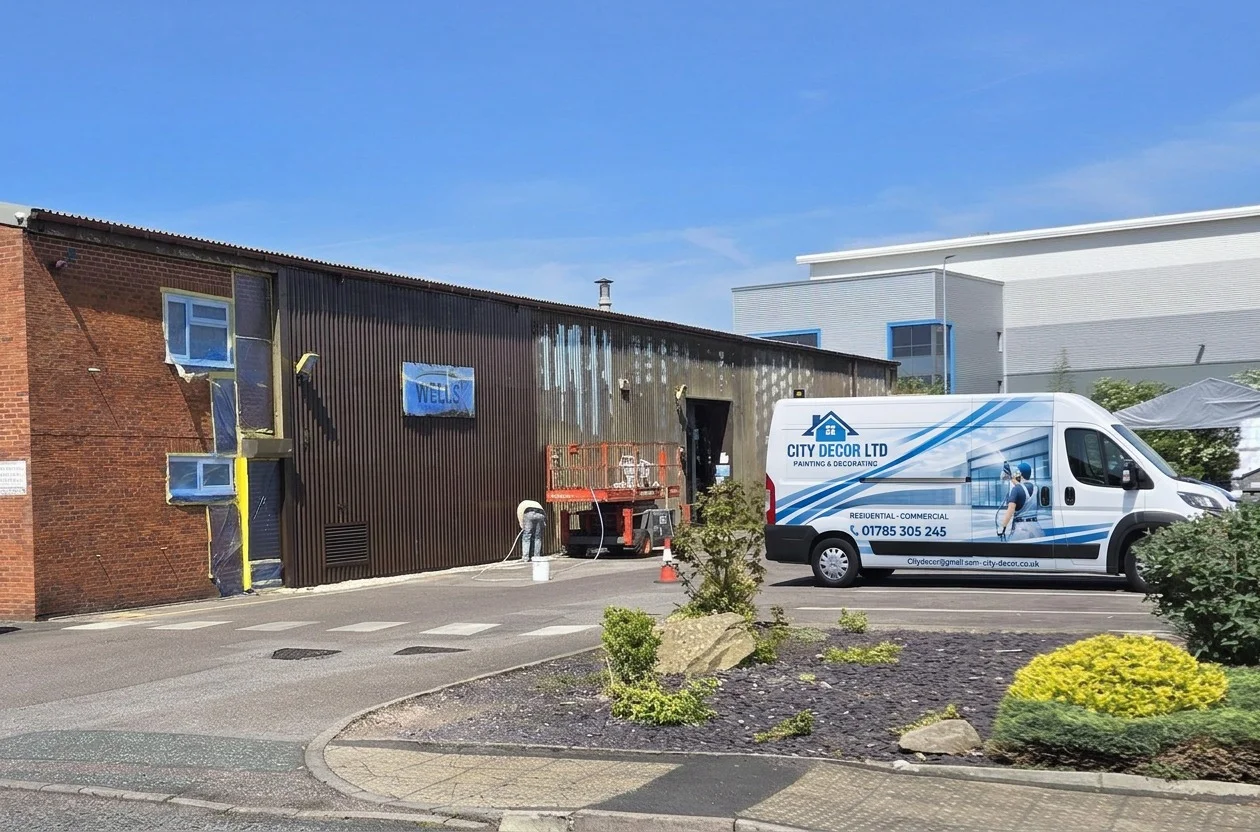 Wells Performance Materials factory — cladding respray in progress by City Decor Ltd